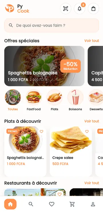 Écran d'accueil de l'application PyCook : offres spéciales, catégories et plats à découvrir.