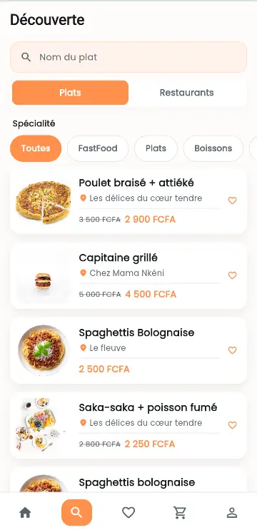 Écran Découverte : liste de plats avec photo, restaurant et prix en FCFA.