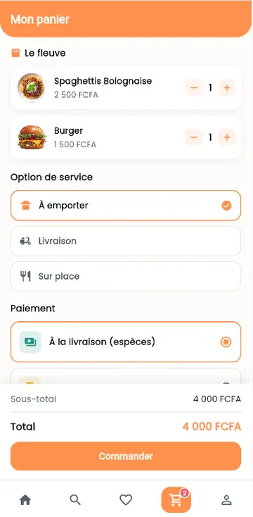 Panier PyCook : option de service (sur place, à emporter, livraison), paiement et total.